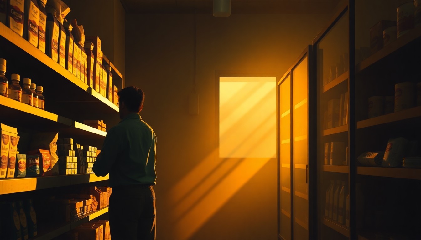 A cinematic painting of a solitary food pantry worker restocking shelves, with warm sunlight and deep shadows creating a contemplative, nostalgic mood that reflects the complex challenges facing hunger relief efforts.