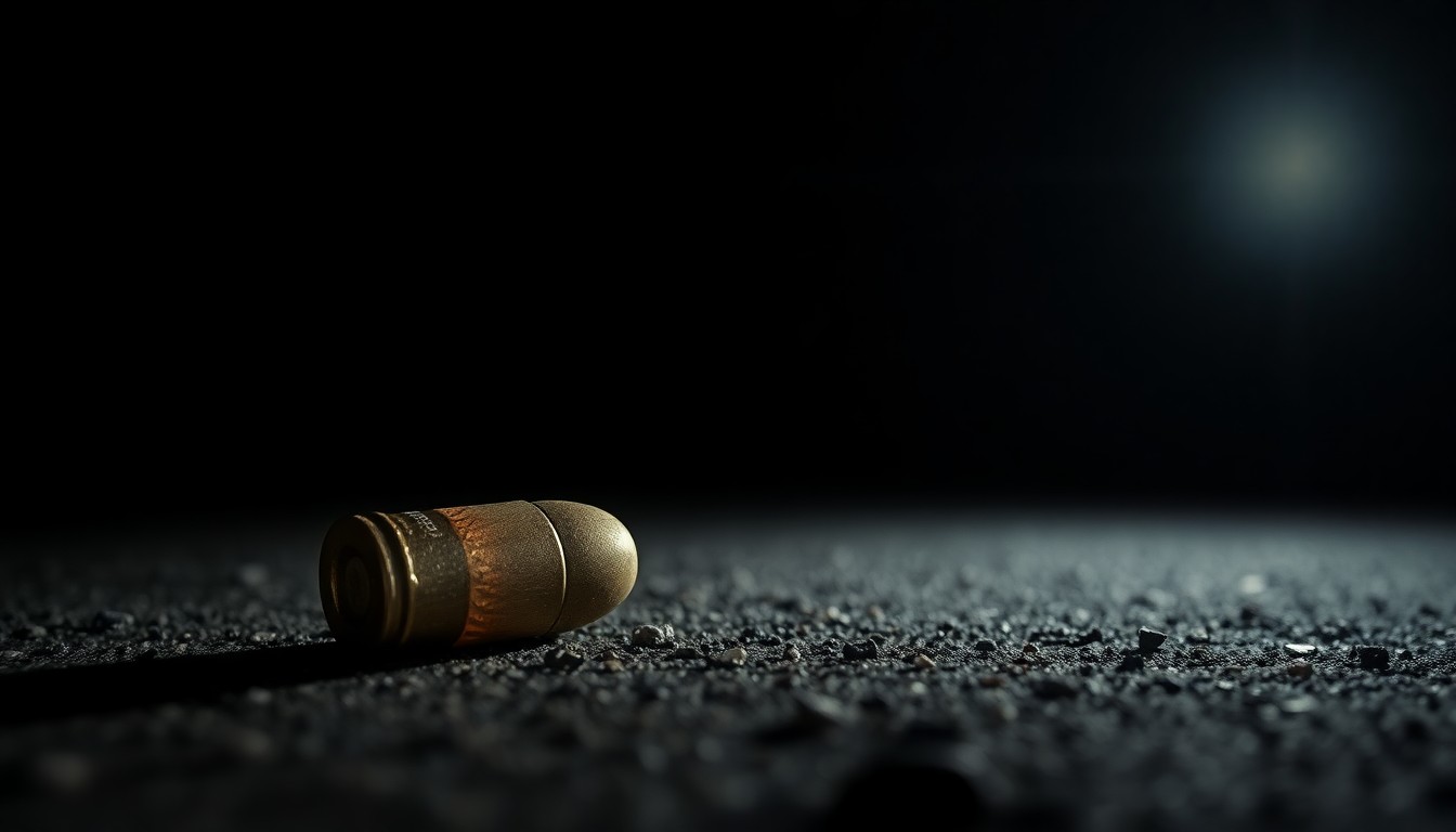 An extreme close-up photograph of a spent bullet casing on the ground, capturing the stark, gritty, and investigative nature of the crime scene.
