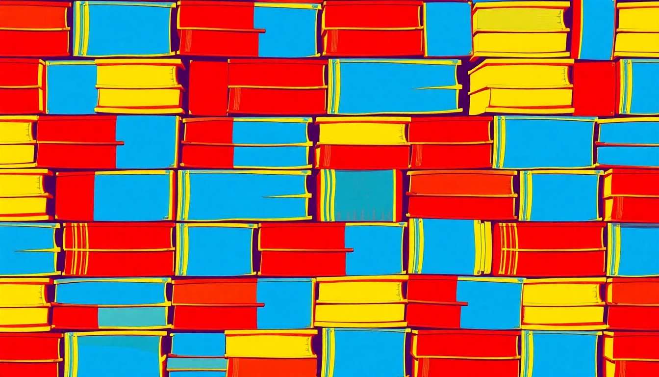 A bold, colorful silkscreen print featuring a repeating pattern of stylized school books in a grid, capturing the energy and creativity of education in a modern, artistic style.