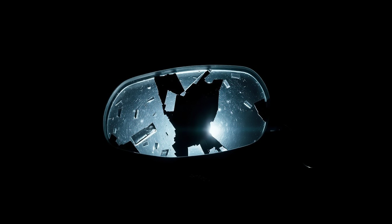 An extreme close-up photograph of a shattered motorcycle mirror or other physical evidence from the crash site, lit by a harsh, direct camera flash against a pitch-black background, conceptually illustrating the gritty details of the tragic incident.