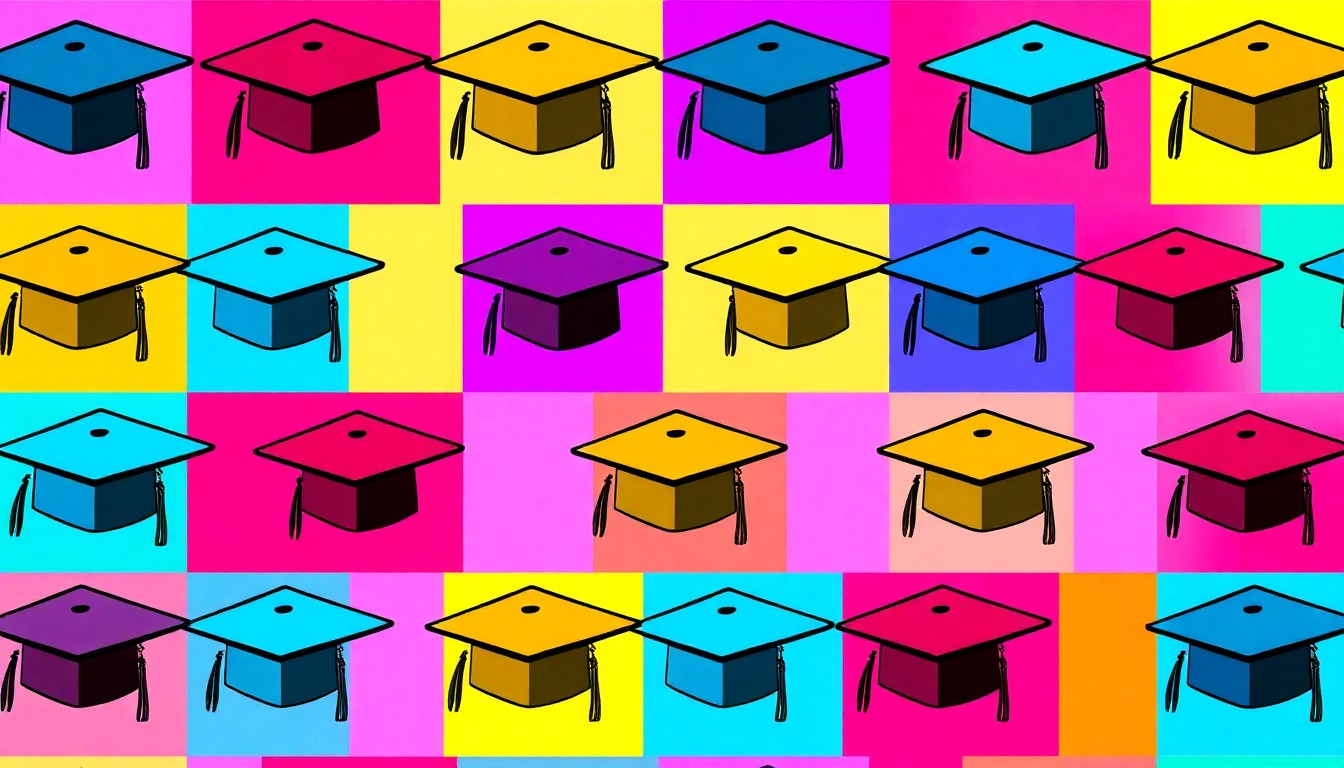 A brightly colored, high-contrast silkscreen print of a mortar board graduation cap repeated in a tight grid pattern, in the style of Andy Warhol. The image utilizes flat, vibrant, and unnatural neon color palettes overlapping with heavy black photographic outlines to turn the iconic symbol of education into modern pop art.