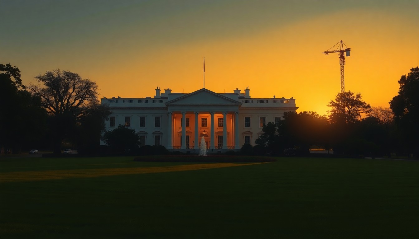 A serene, painterly scene of the empty White House lawn at dusk, with the iconic building silhouetted in the background and a lone construction crane visible, bathed in warm, golden light and deep shadows, conveying a sense of quiet contemplation around the controversial ballroom project.