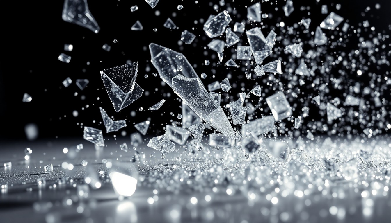 An extreme macro photograph of shattered glass and glittering sequins, using dramatic high-contrast studio lighting to create a conceptual representation of the glamour and chaos of reality TV relationships.