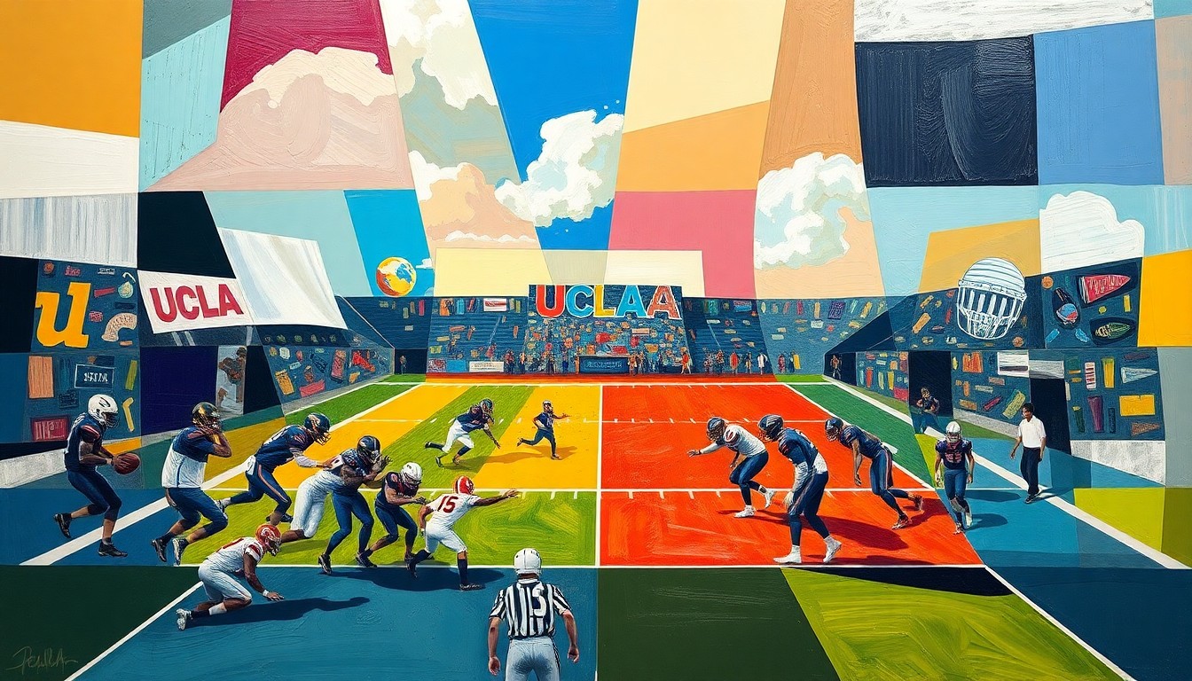 An abstract, fragmented painting depicting a football game or match, with the players and field represented through sharp, overlapping geometric shapes and planes of color, conveying the dynamic energy of the sport.