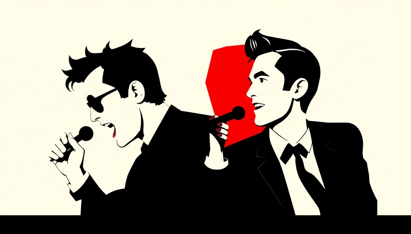 A bold, abstract composition of stark black silhouettes and geometric shapes in high-contrast red and white, conceptually representing the playful feud between two actors over their hit movie songs.