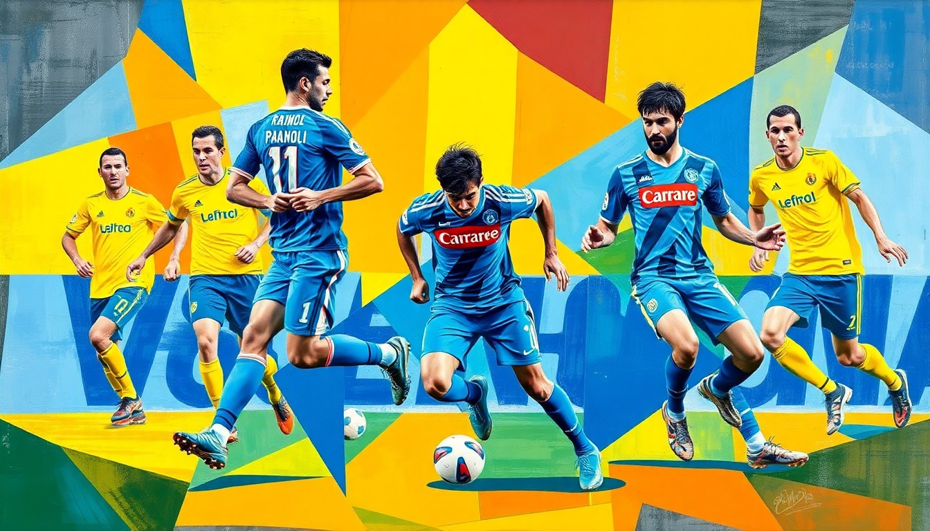 A fractured, cubist-style painting depicting a soccer match between Napoli and Parma, with the players' forms broken down into sharp, overlapping geometric shapes in vibrant blue and yellow hues.