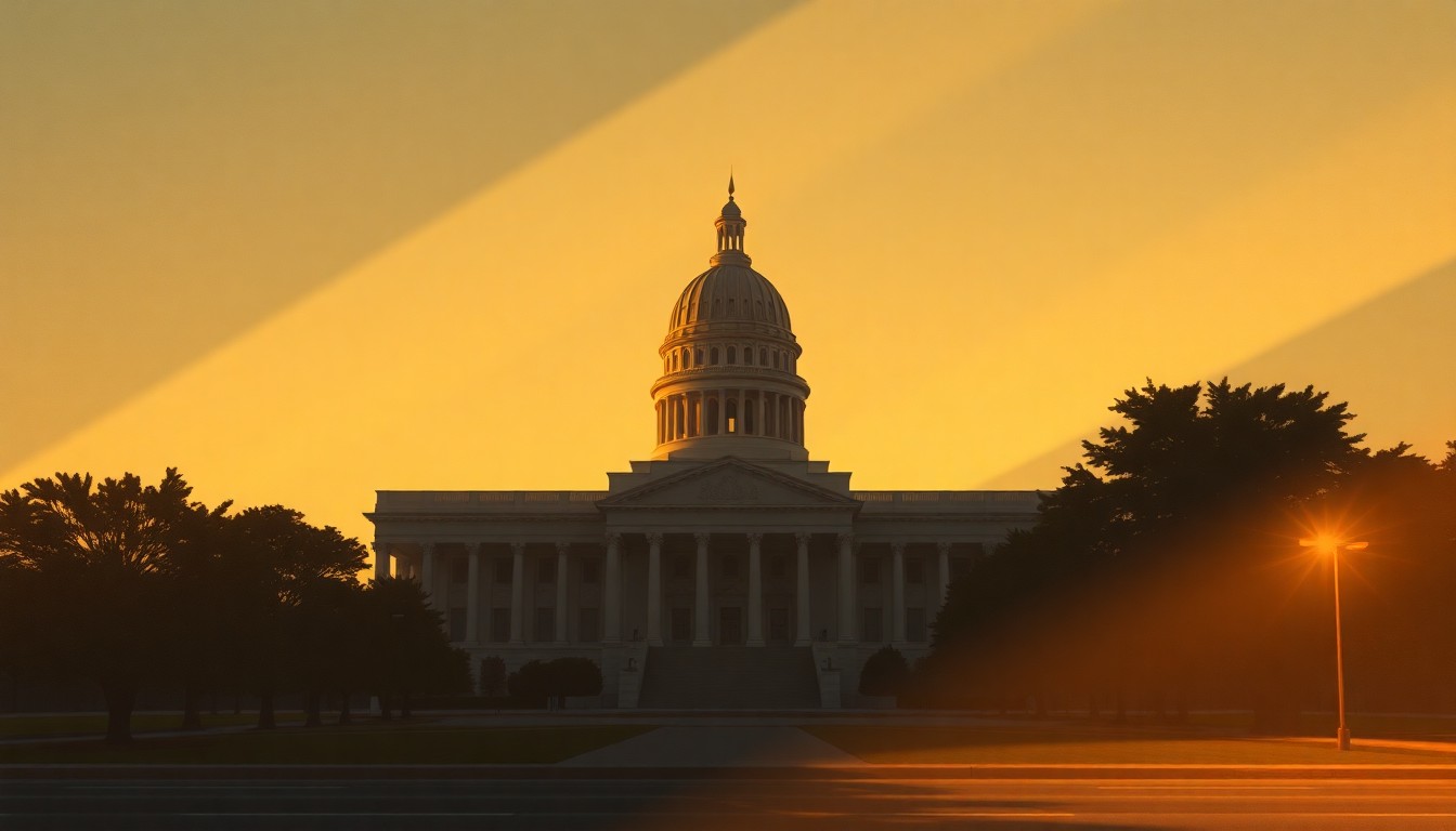 A serene, painterly image of the California state capitol building in Sacramento, its grand architecture and dome rendered in muted tones and dramatic lighting, conveying a sense of quiet contemplation and civic responsibility.