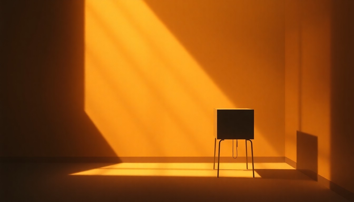 A photorealistic painting of a lone ballot box sitting in a dimly lit room, with warm sunlight streaming in through a window and casting deep shadows across the scene, capturing the solemn importance of the electoral process.