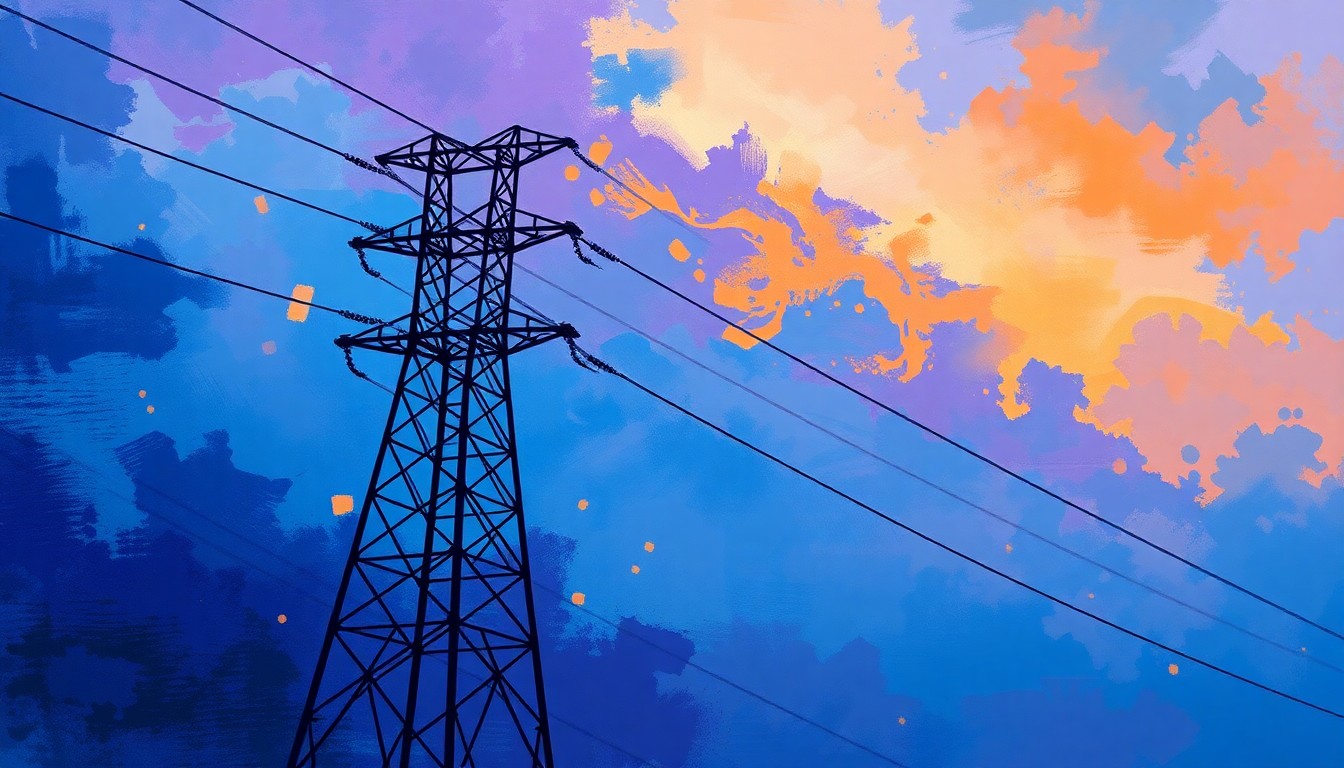 A vibrant, abstract painting of an electricity pylon or power lines, with overlapping geometric shapes and waves of color representing the volatility of energy prices.