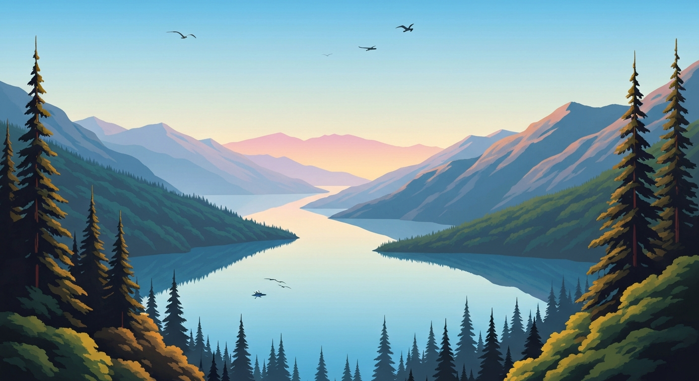 A highly stylized, geometric illustration depicting the sweeping, panoramic views of Lake Talquin surrounded by forested ridges, capturing the grand scale and natural beauty of the state park.