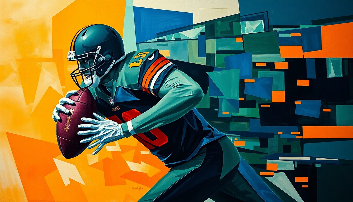 A cubist, geometric painting depicting the explosive motion of a football player rushing the passer, with sharp, overlapping planes of navy blue, forest green, and burnt orange conveying the raw energy of the sport.