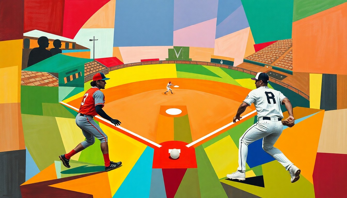A fractured, multi-perspective painting depicting the movements and actions of two baseball players in a geometric, cubist style, with sharp planes of bright colors and no recognizable faces or logos.