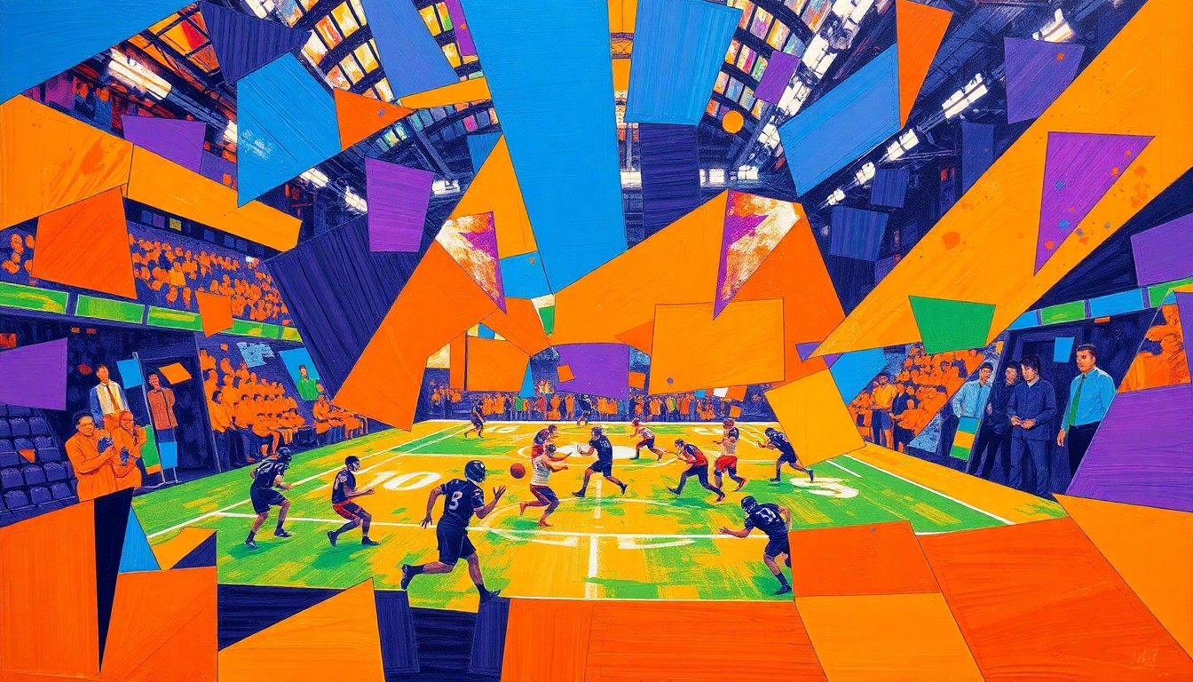 A cubist, geometric painting depicting the chaotic action of an indoor football game, with overlapping planes of bright colors representing the players, ball, and field.