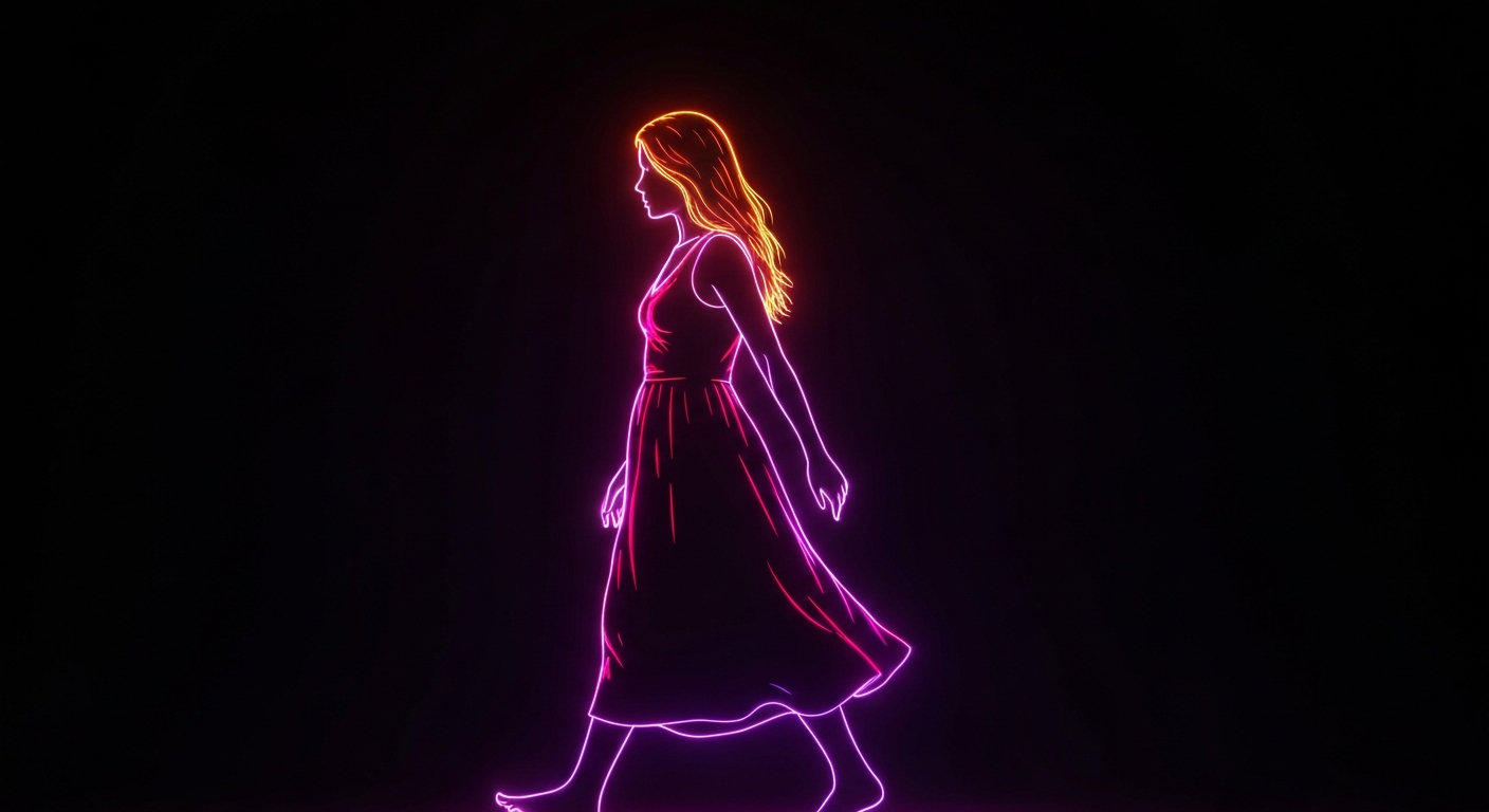 A vibrant neon outline of a person walking, the lines glowing with energy against a dark background, conceptually representing the physical and mental benefits of the 'Mindful Miles' walking program.
