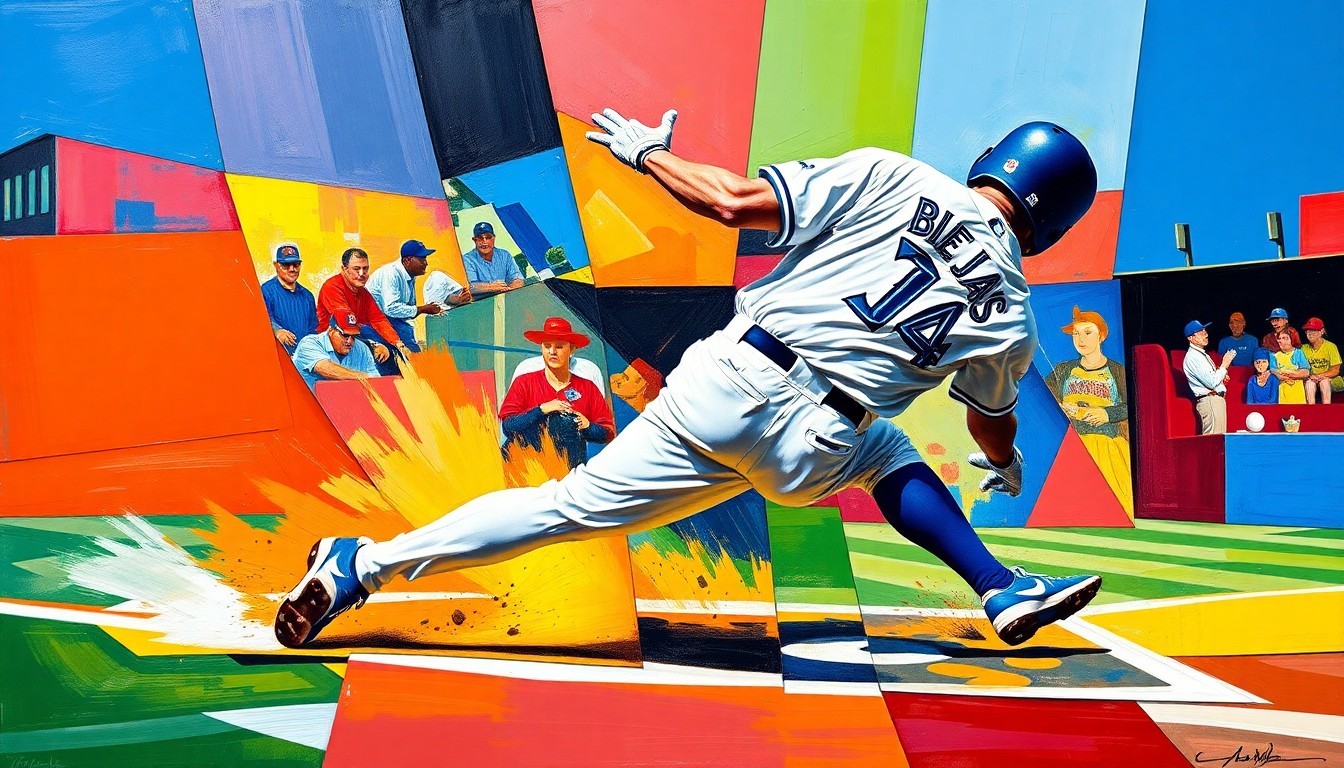 A cubist, geometric painting depicting a baseball player in motion, with the player's body fractured into overlapping planes of bright blue, white, and red colors representing the Toronto Blue Jays' uniform.