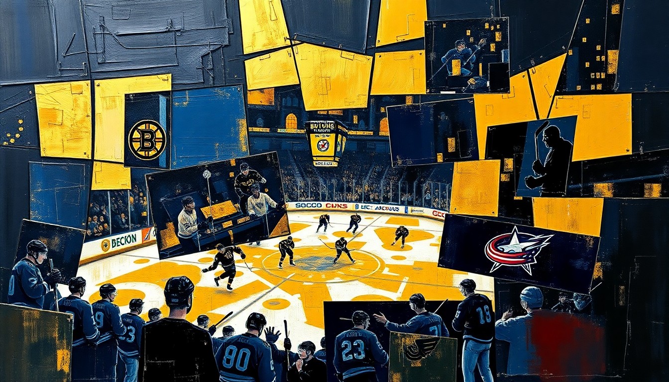 A cubist, geometric painting depicting a hockey game between the Boston Bruins and Columbus Blue Jackets, with the players and action broken down into sharp, overlapping planes of color in shades of black, gold, and navy blue.