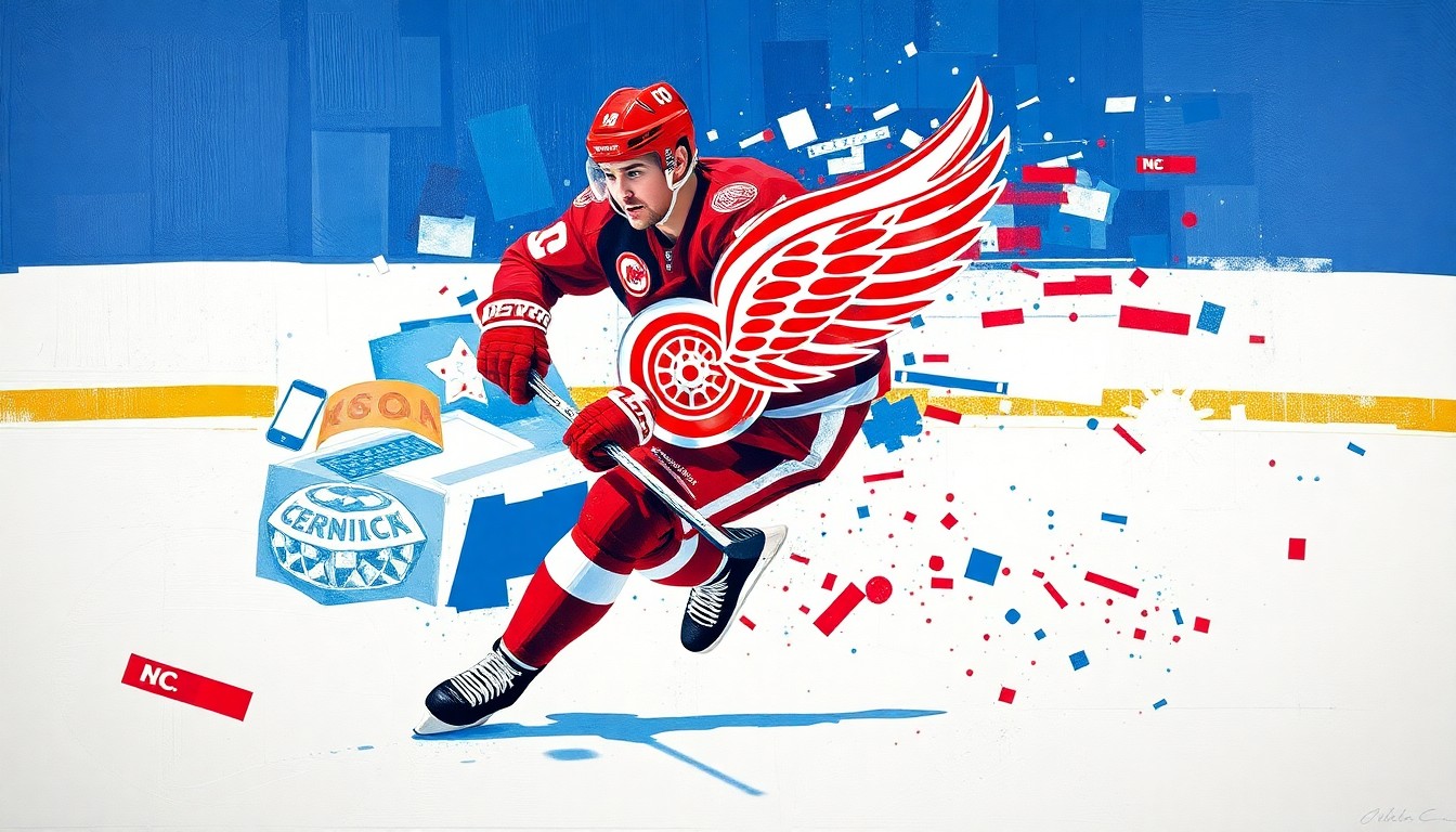 A cubist, geometric painting depicting a hockey player in motion, with sharp, overlapping planes of red, white, and blue representing the Detroit Red Wings' colors.
