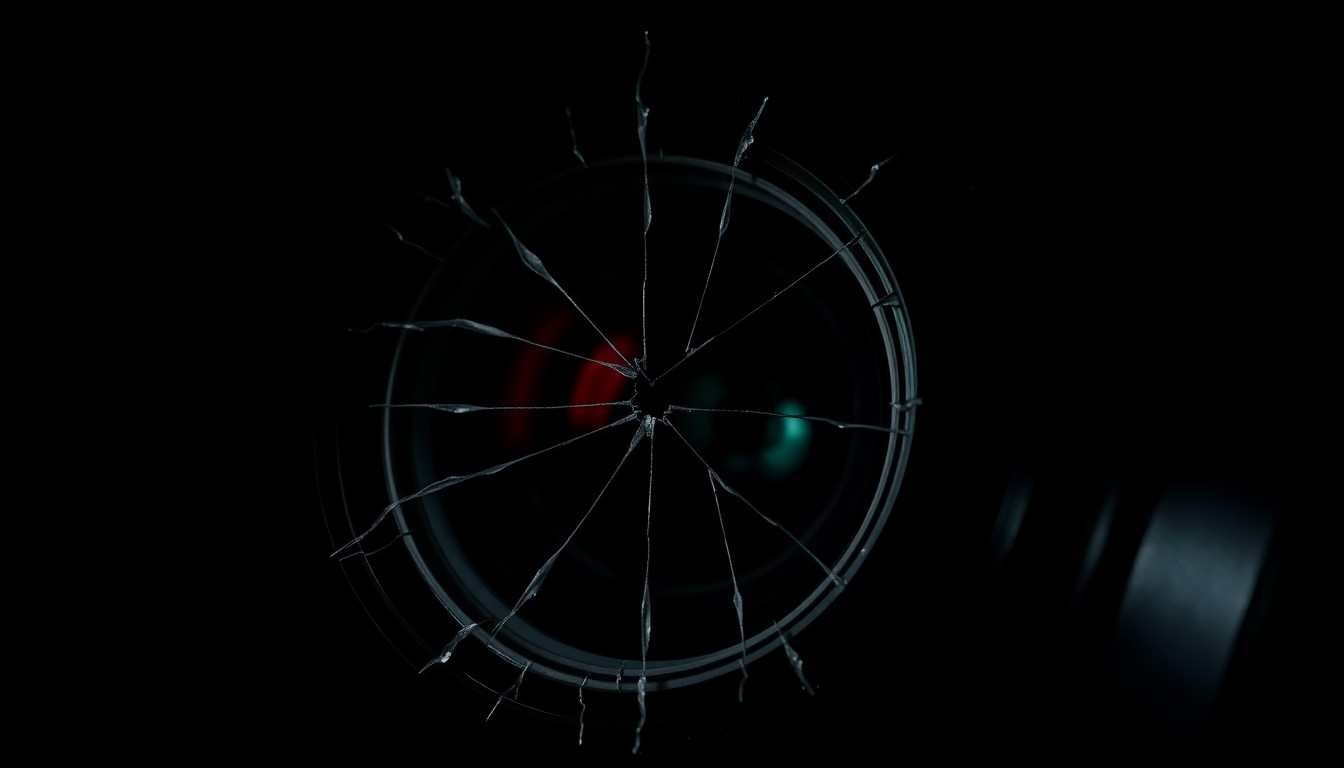 An extreme close-up of a cracked camera lens or broken camera equipment, lit by a harsh, direct camera flash against a pitch-black background, conceptually illustrating the violence faced by journalists covering anti-ICE protests.