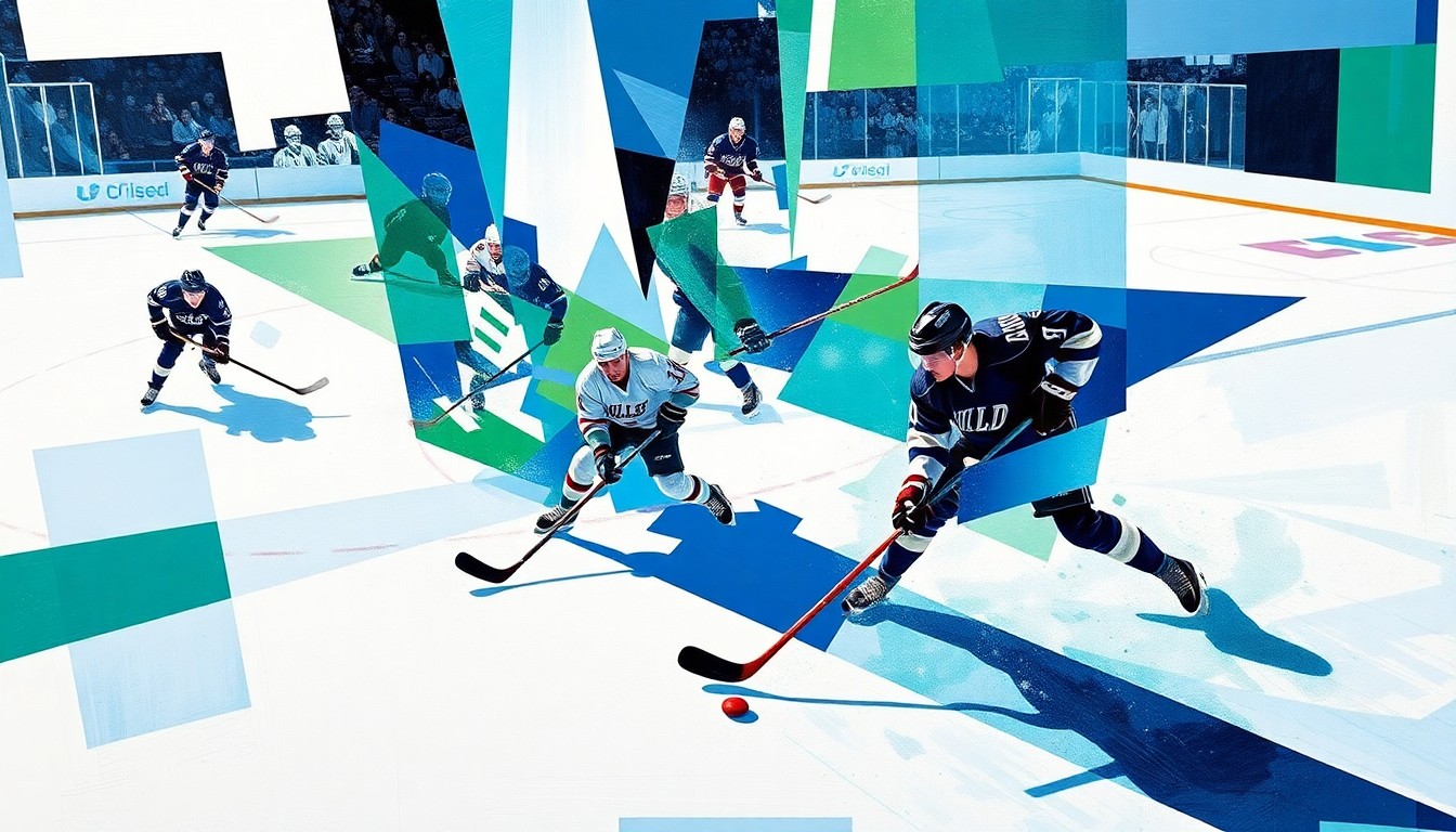 A dynamic, geometric painting in shades of blue, green, and white, with fragmented shapes and planes representing the fast-paced action of a college hockey championship match.