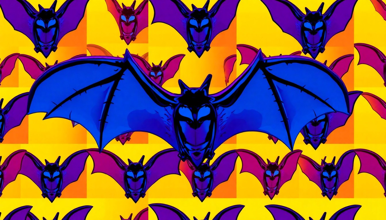 A brightly colored, high-contrast silkscreen print of a single, iconic bat sculpture repeated in a tight grid pattern, utilizing flat, vibrant neon color palettes and heavy black outlines to transform the bat into a modern pop art icon.