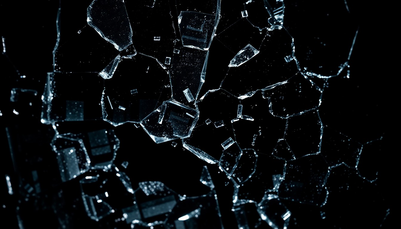 An abstract, high-contrast close-up photograph featuring shattered glass and cracked leather textures, conceptually representing the gritty, antihero nature of the TV series 'The Shield'.