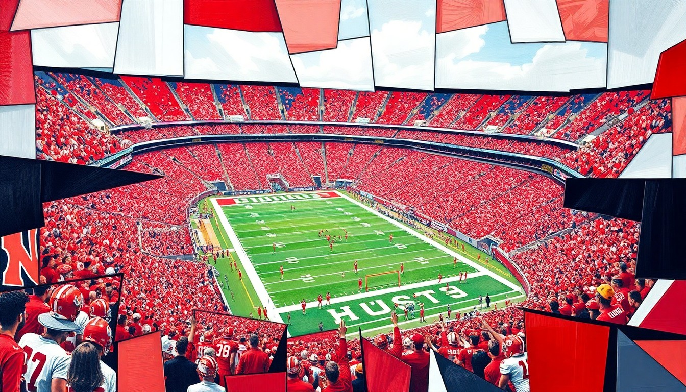 A fractured, multi-perspective painting in the style of Pablo Picasso, breaking a Husker football game or Memorial Stadium scene down into sharp, overlapping geometric planes of vibrant red, white, and other team colors, conceptually representing the passion and energy of Husker football.