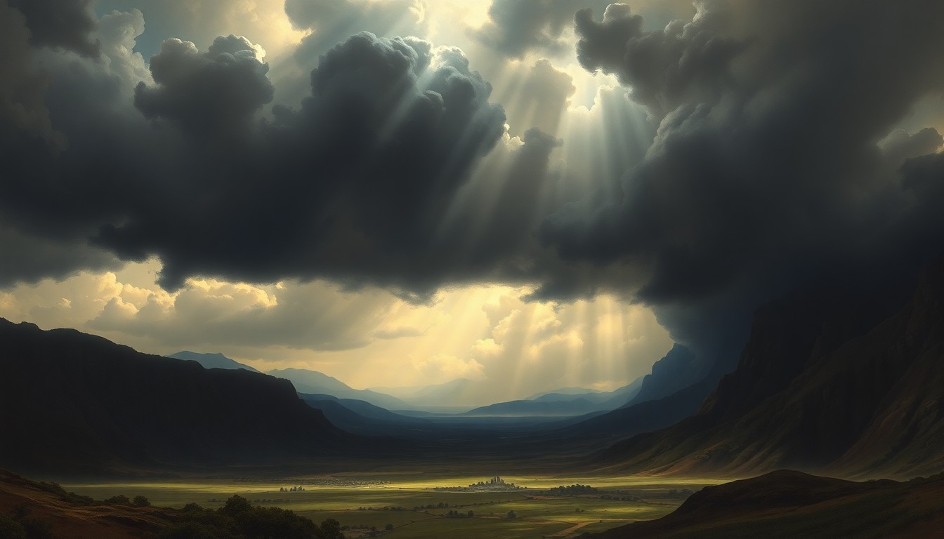 A dramatic landscape painting in muted tones of grey, blue, and gold, with a massive, swirling cloud formation dominating the frame and casting an ominous shadow over a small town in the distance.