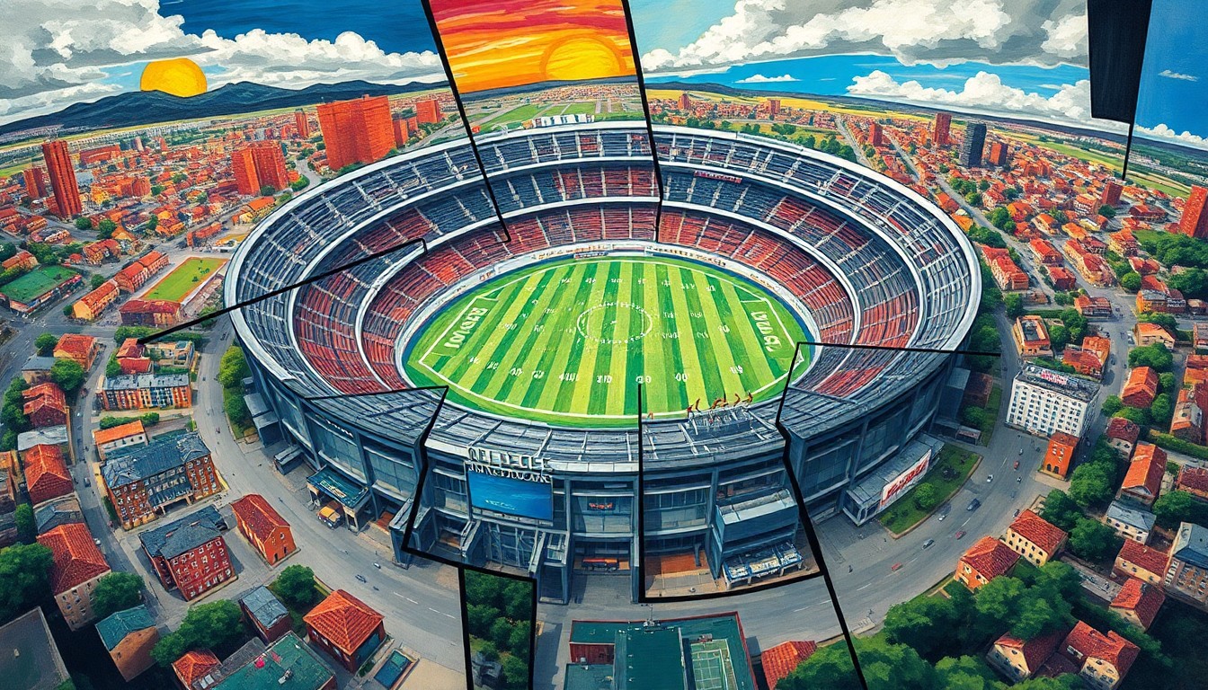 A fragmented, geometric painting depicting the overlapping perspectives of a football stadium and the surrounding neighborhood, conveying the complex tensions between community interests and sports development.
