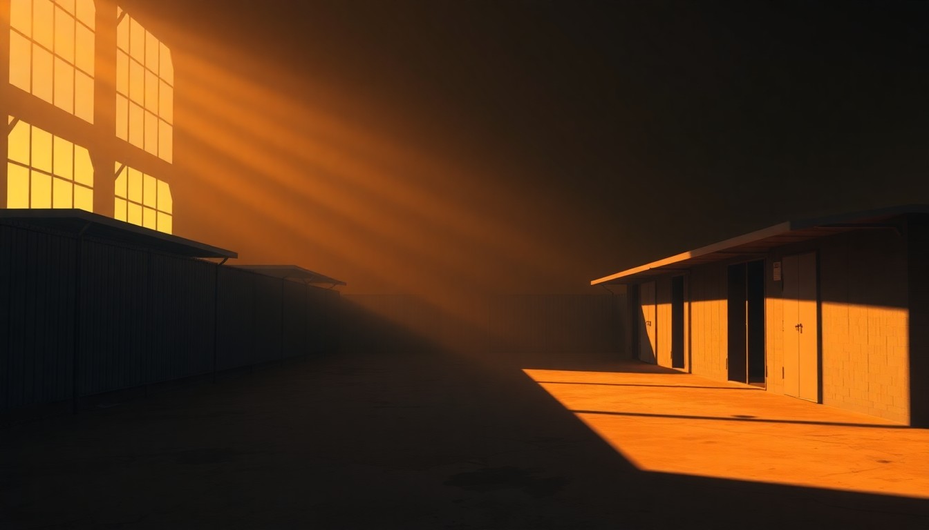 A cinematic painting of a solitary immigration detention center, with warm sunlight casting deep shadows across the austere, institutional building, conveying a sense of melancholy and the human impact of the immigration enforcement process.