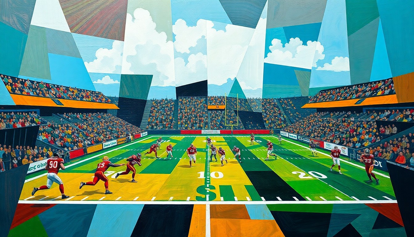 A cubist, geometric painting depicting a fragmented, multi-angled view of a college football game, with players and the field broken down into abstract shapes and planes of color, conveying the chaotic nature of the post-game incident.