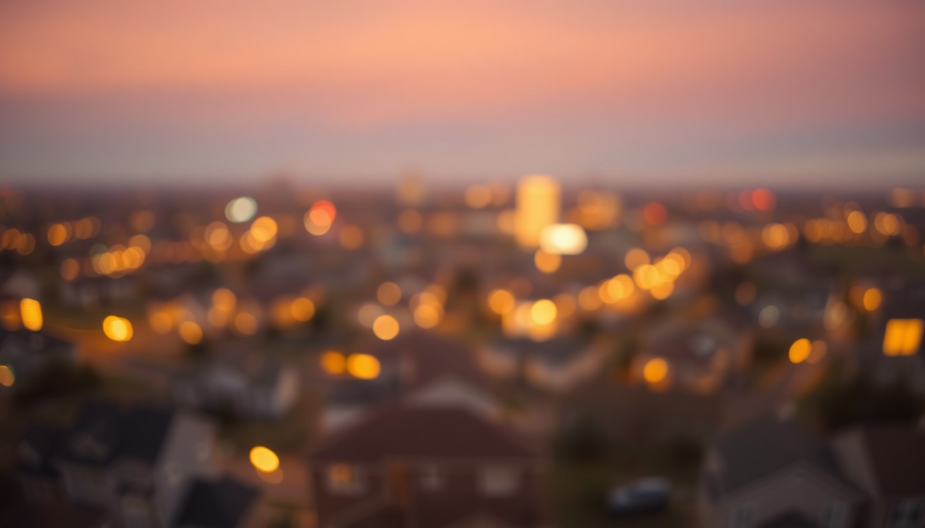 An abstract, impressionistic scene of blurred city lights and buildings, conveying the concept of urban housing development and growth through a soft, atmospheric visual style.