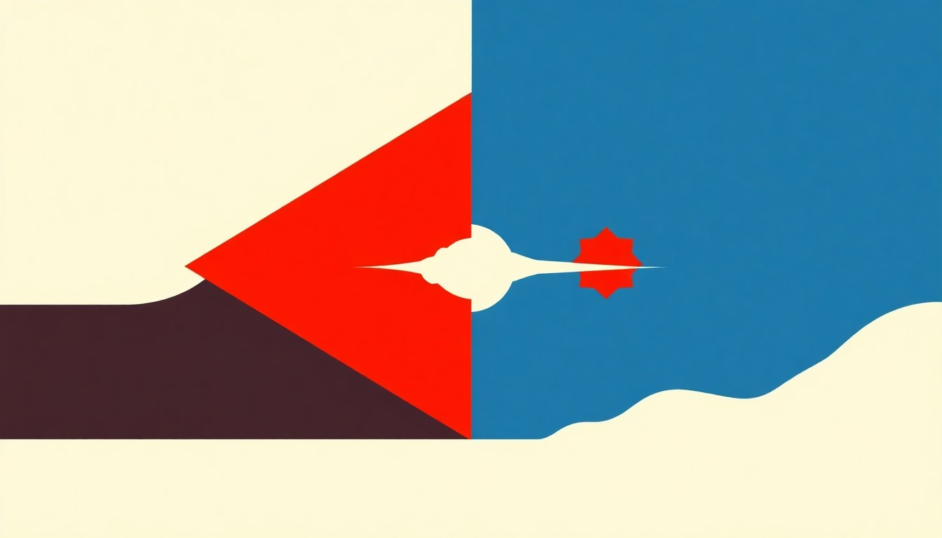 An abstract illustration using bold geometric shapes and primary colors to conceptually represent the clash of global economic superpowers.