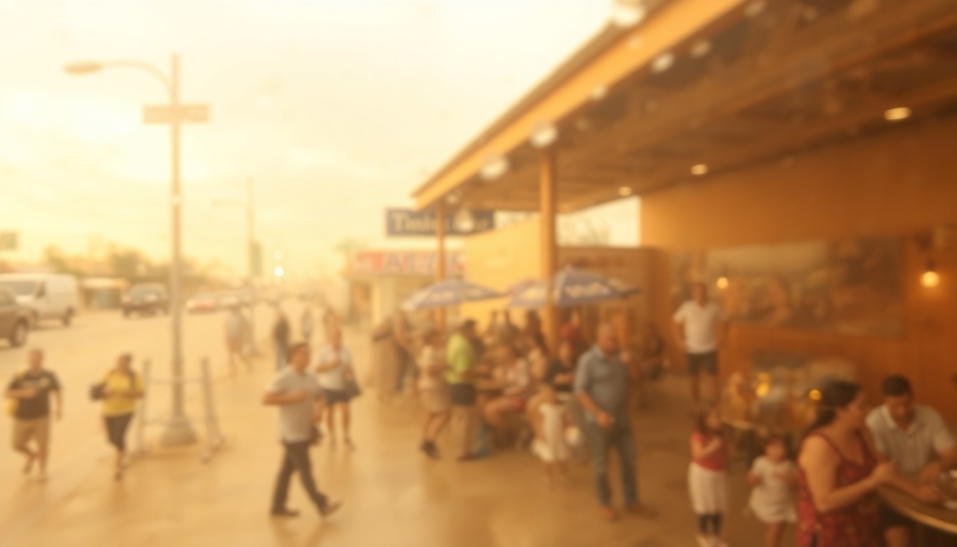 An impressionistic, out-of-focus photograph featuring blurred silhouettes of people gathered together, warm hues of sunset lighting, and the faint outlines of local buildings, conceptually representing the community spirit and personal narratives celebrated at the Peli Pachanga film festival in Laredo, Texas.