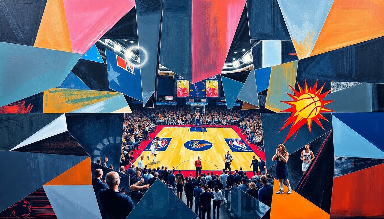A cubist, geometric painting depicting a basketball game, with overlapping shapes and planes representing the players and action on the court.