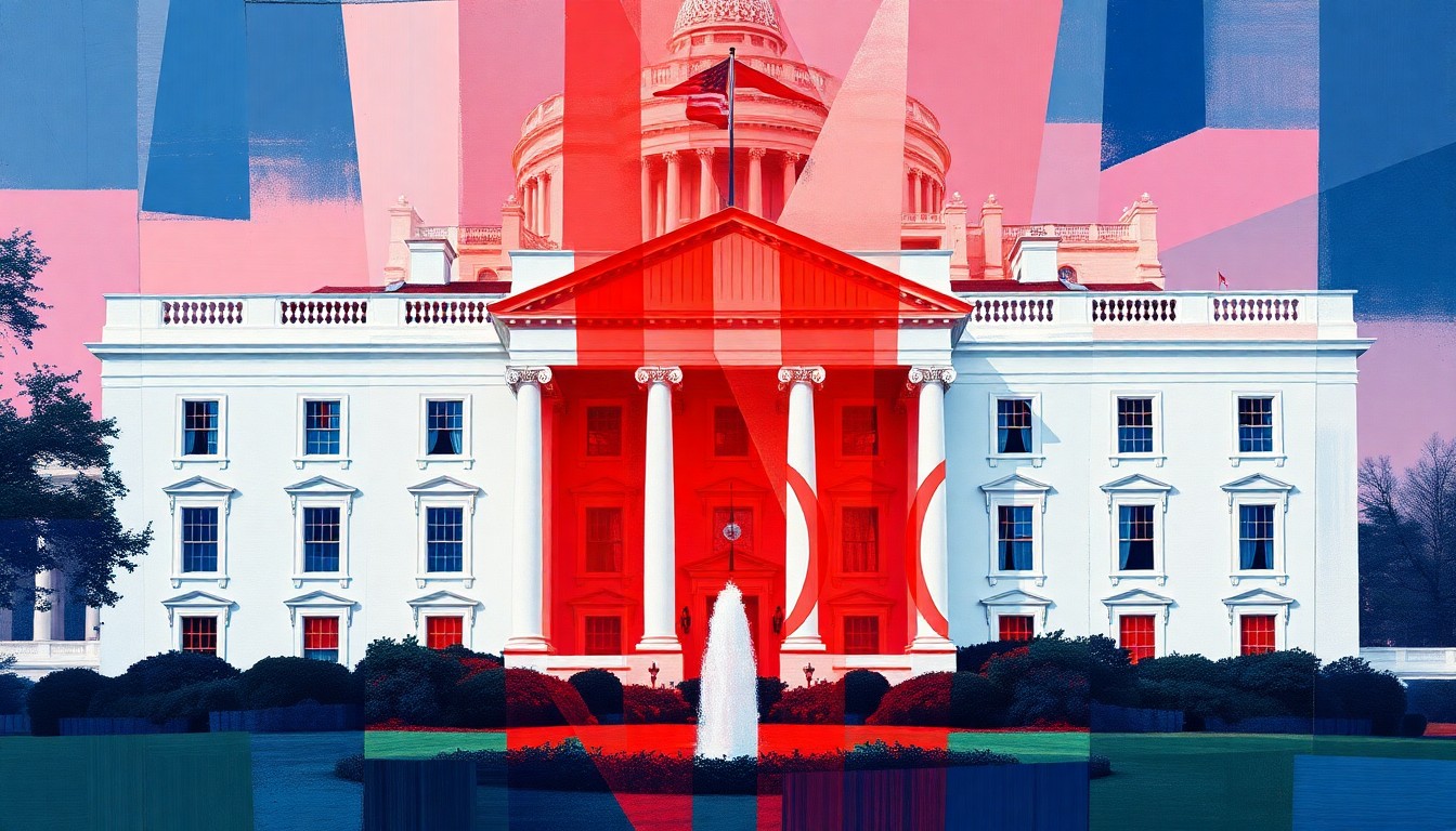 A vibrant, fractured painting in shades of red, white, and blue depicting the White House facade in overlapping, repeated geometric shapes, conveying a sense of motion and energy around the iconic building.