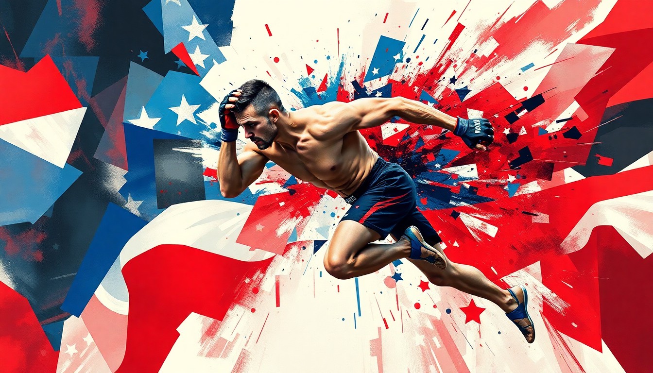 A dynamic, abstract painting of a UFC fighter in motion, with overlapping geometric shapes and waves of red, white, and blue colors, conveying the high-energy and politically charged atmosphere of the event.