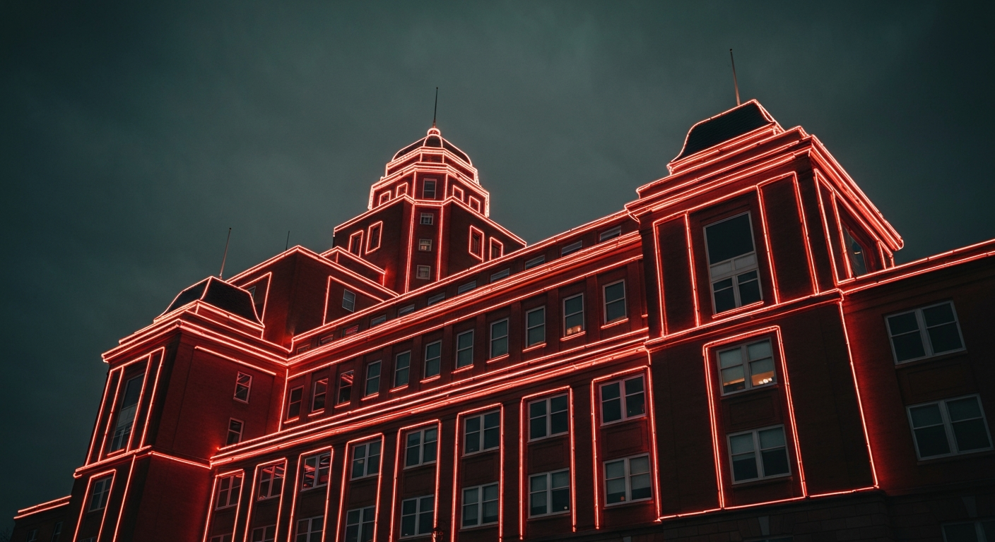 A minimalist neon outline of a hospital building, with pulsing lines of light representing the financial and operational challenges faced by the institution.