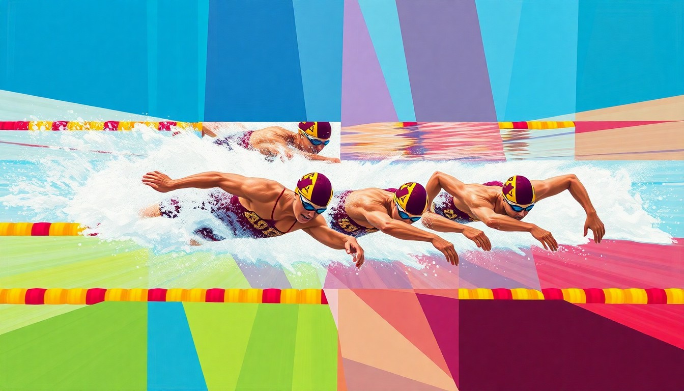A cubist, geometric painting depicting the ASU men's swimming and diving team's 200 medley relay race, with sharp, overlapping planes of maroon and gold colors representing the team's energy and athleticism.