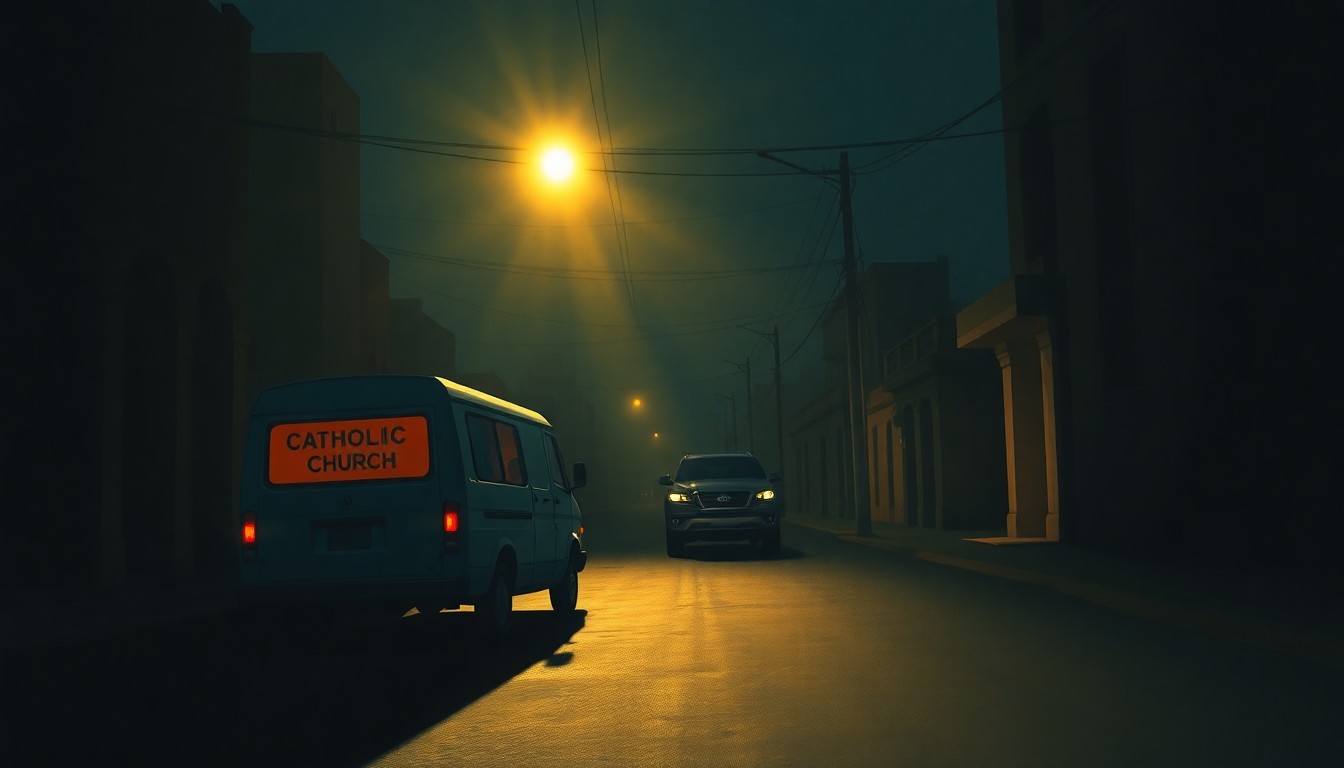 A realistic oil painting depicting a lone Catholic church van parked on a dimly lit Cuban street, with warm sunlight and deep shadows creating a cinematic, nostalgic atmosphere.
