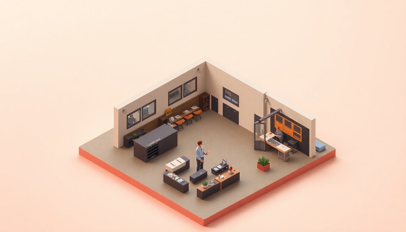 A stylized, isometric 3D illustration depicting a miniature, conceptual business environment representing the new Montana Knife Company manufacturing facility, with a coffee shop and knife production areas floating on a soft pastel background. The scene uses bold colors, smooth textures, and soft lighting to convey the premium quality and craftsmanship of the company's custom knives.