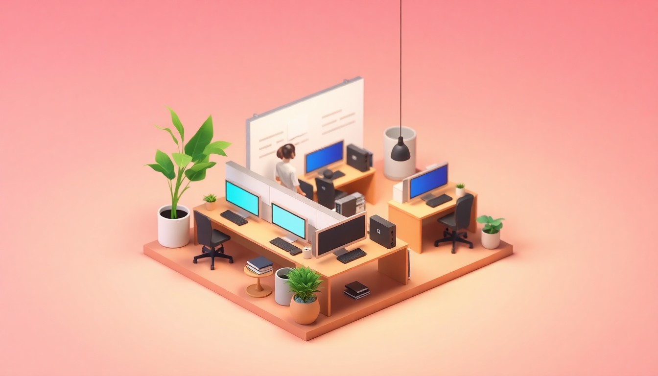 A clean, modern, isometric 3D digital illustration depicting a stylized startup office or coworking space with desks, computers, and people collaborating, representing the vibrant entrepreneurial energy of the CU Boulder-Techstars partnership.