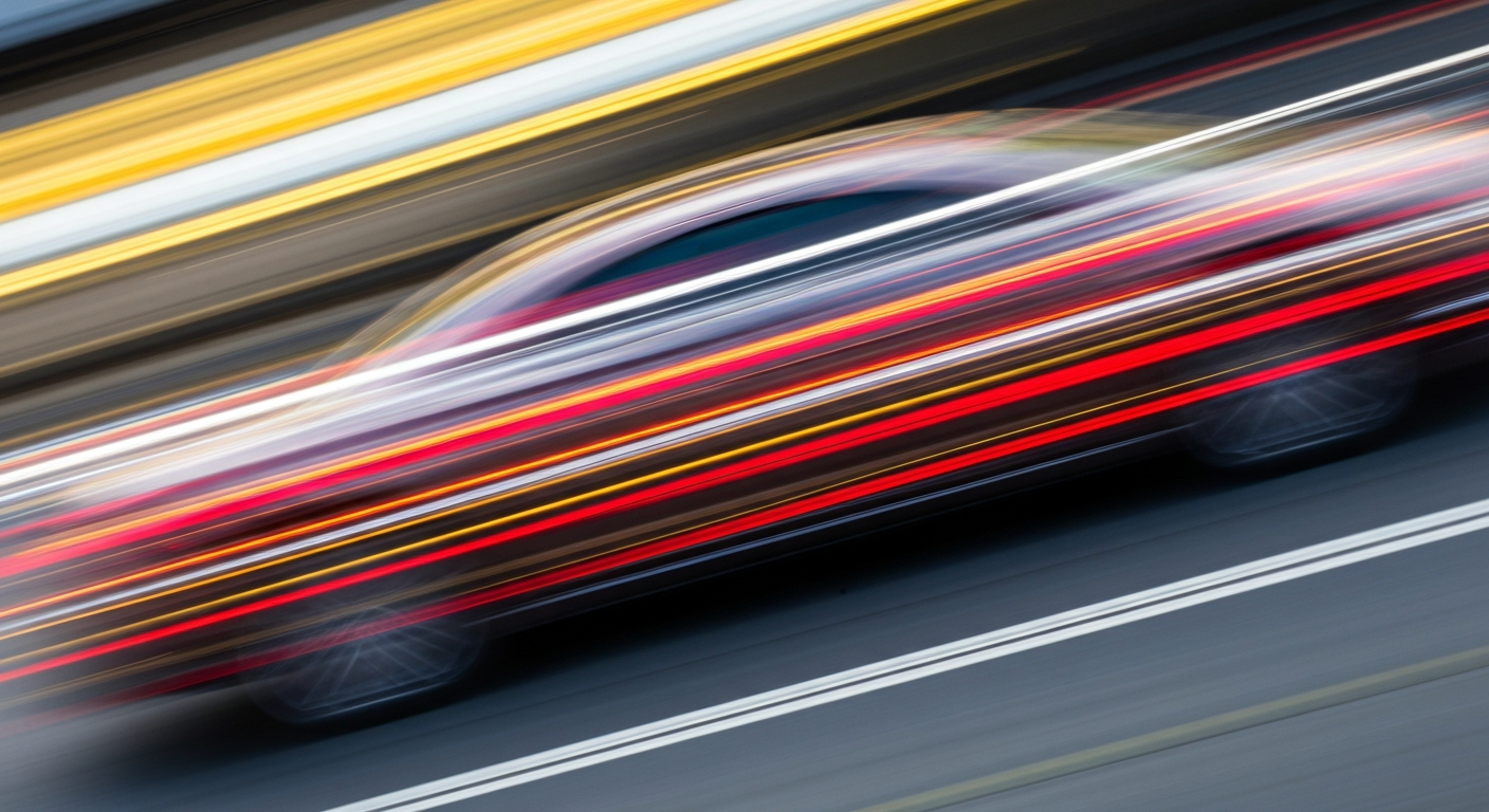 Sweeping, abstract streaks of vibrant color and chaotic motion, conveying the speed and energy of a vehicle in motion.