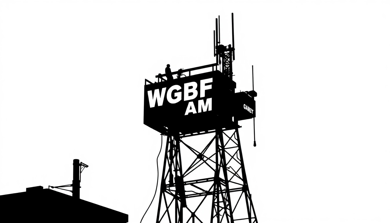 A dramatic, abstract black and white silhouette of a vintage radio tower, conceptually representing the iconic WGBF-AM signal going dark after over a century on the air.