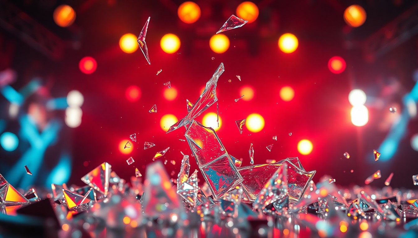 An extreme close-up of shattered glass reflecting stage lights, capturing the glamour and drama of a surprise musical performance.