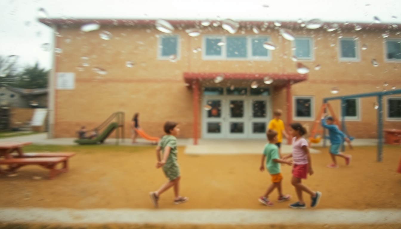 An impressionistic, out-of-focus scene depicting the abstract shapes and colors of a school building, playground, and children, conveying the mood and atmosphere surrounding the public budget hearing.