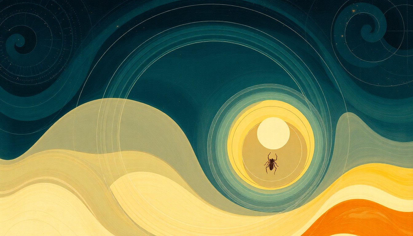 A highly textured abstract painting in earthy tones, featuring sweeping geometric shapes and precise botanical spirals, conceptually representing the complex biological forces that gave rise to early multicellular animals.