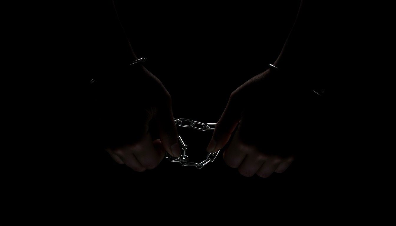 An extreme close-up photograph of a pair of handcuffed wrists against a pitch-black background, lit by a harsh, direct camera flash, conceptually representing the arrest of a public figure in sports without depicting any violence or identifiable individuals.