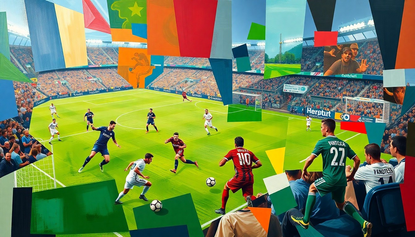 A cubist-style painting depicting the intense action and energy of a soccer match, with fragmented geometric shapes and overlapping perspectives representing the back-and-forth nature of the game.