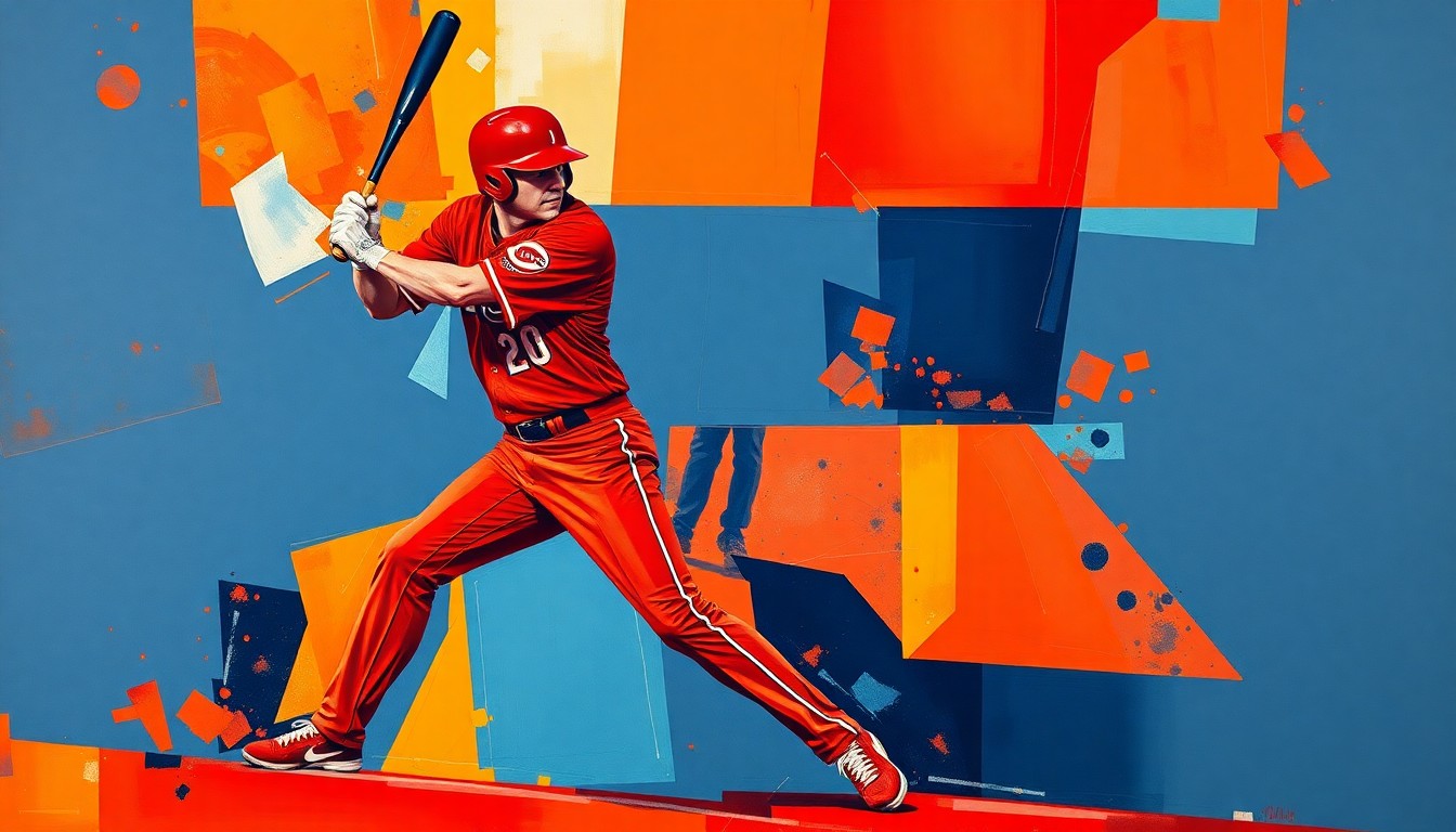 A cubist-style painting depicting the dynamic motion and energy of a baseball player hitting a home run, with sharp, overlapping geometric shapes in the Reds' team colors.