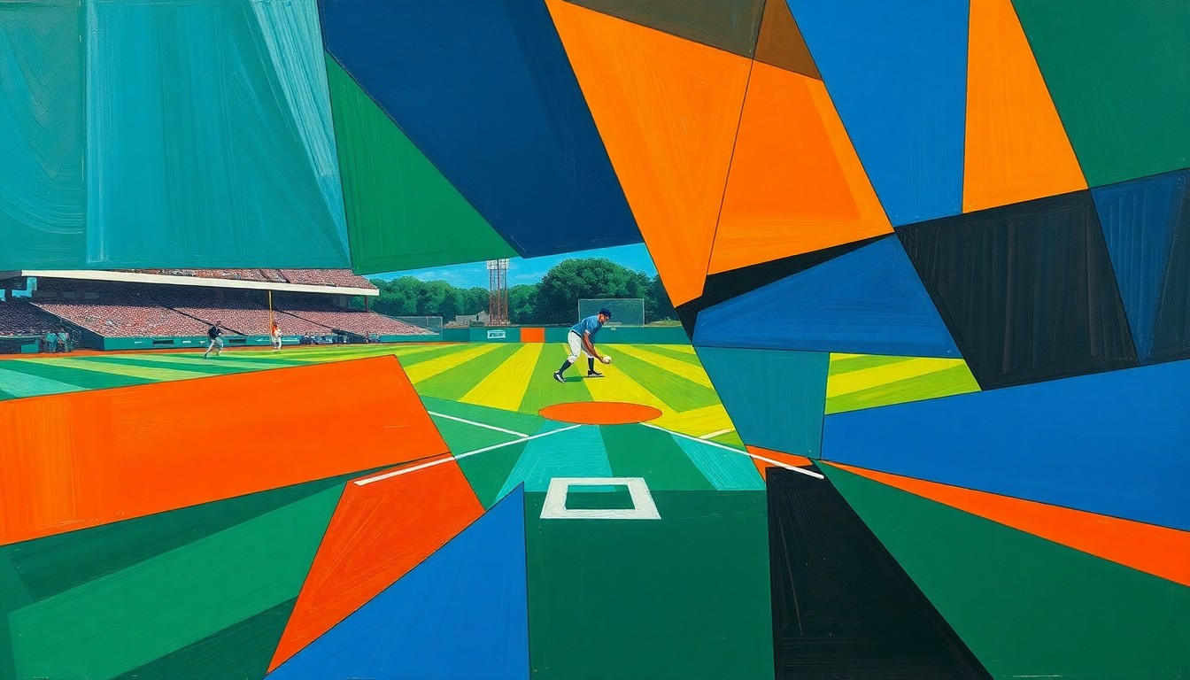 A fragmented, geometric painting in bold colors depicting a baseball practice or game, with overlapping shapes and planes representing the multifaceted nature of the sport and coaching.